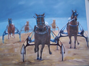 Malerei mit dem Titel "course chevaux atte…" von Marilyn Bourgois, Original-Kunstwerk, Öl Auf artwork_cat. montiert