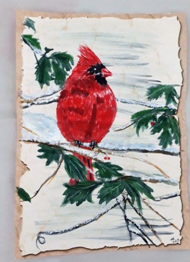 Drawing titled "Red cardinal-2." by Marie Ruda, Original Artwork, Watercolor