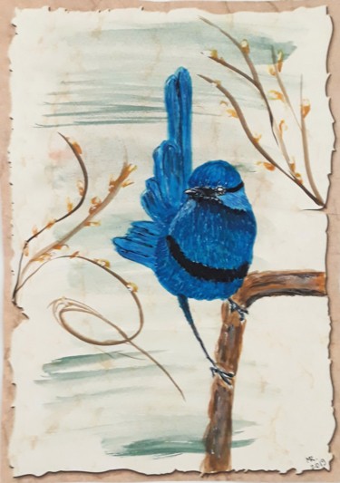 Zeichnungen mit dem Titel "Blue fairewren." von Marie Ruda, Original-Kunstwerk, Aquarell