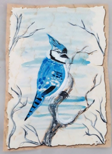 Dessin intitulée "Blue Jay." par Marie Ruda, Œuvre d'art originale, Aquarelle