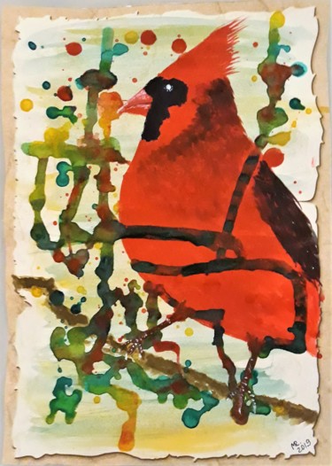 Tekening getiteld "Red cardinal-3." door Marie Ruda, Origineel Kunstwerk, Aquarel