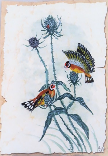 Drawing titled "Goldfinchs." by Marie Ruda, Original Artwork, Watercolor