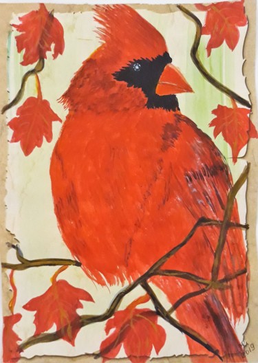 Dessin intitulée "Red cardinal-4." par Marie Ruda, Œuvre d'art originale, Aquarelle