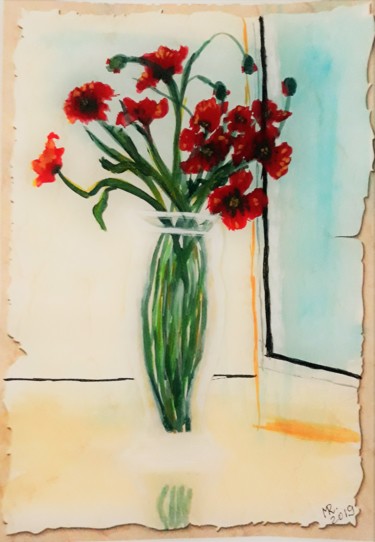 Drawing titled "Poppies in a vase n…" by Marie Ruda, Original Artwork, Watercolor
