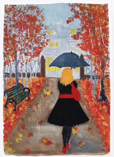 Painting titled "Under autumn rain." by Marie Ruda, Original Artwork, Watercolor