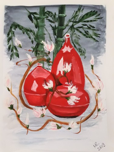 Painting titled "Asian still life." by Marie Ruda, Original Artwork, Watercolor