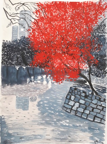 Pintura intitulada "Fall in the city." por Marie Ruda, Obras de arte originais, Aquarela