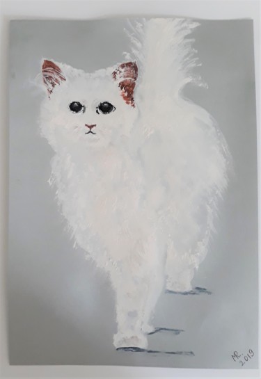 Painting titled "Snow-white cat." by Marie Ruda, Original Artwork, Watercolor