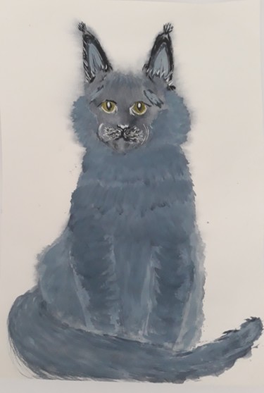 Painting titled "Maine coon cat." by Marie Ruda, Original Artwork, Watercolor