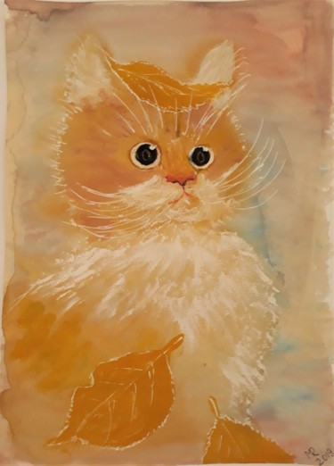 Painting titled "Kitten" by Marie Ruda, Original Artwork, Watercolor