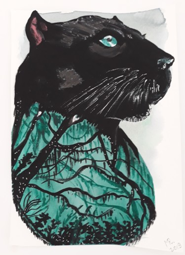 Картина под названием "Black panther" - Marie Ruda, Подлинное произведение искусства, Акварель