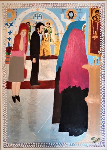 Painting titled "In church." by Marie Ruda, Original Artwork, Acrylic