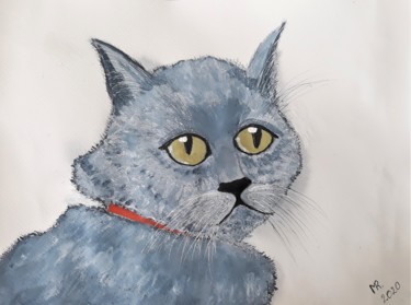 Painting titled "Gray cat." by Marie Ruda, Original Artwork, Watercolor