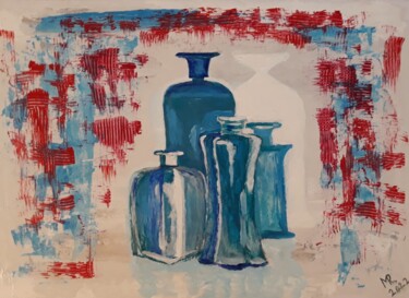 Painting titled "Blue bottles." by Marie Ruda, Original Artwork, Acrylic