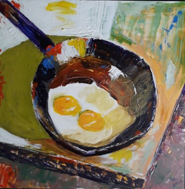 Painting titled "Pan mit eggs." by Marie Ruda, Original Artwork, Acrylic