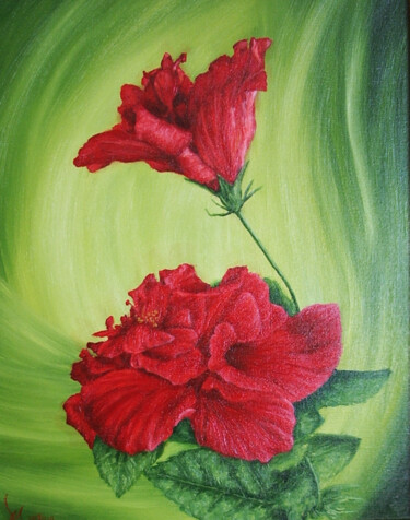 Painting titled "The red begonia" by Marina, Original Artwork, Oil