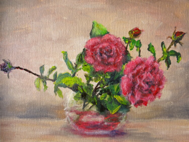 Painting titled "Red roses" by Marina, Original Artwork, Oil