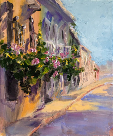 Painting titled "Sunny street in the…" by Marina Babintseva, Original Artwork, Oil