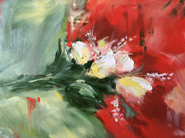 Painting titled "White roses on red…" by Marina Babintseva, Original Artwork, Oil