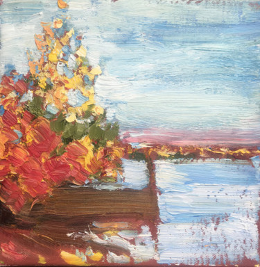 Painting titled "autumn on the lake" by Marina Babintseva, Original Artwork, Oil