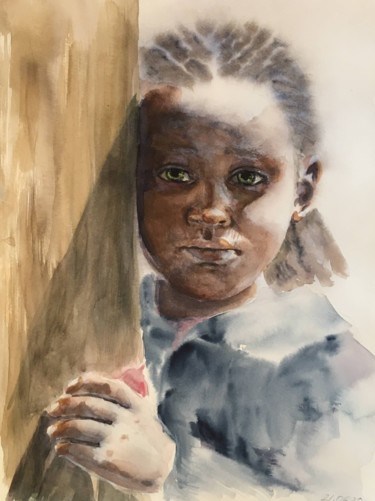 Peinture intitulée "green eyed girl" par Marina Babintseva, Œuvre d'art originale, Aquarelle