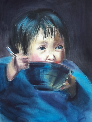 Pintura titulada "Kid portrait" por Marina Babintseva, Obra de arte original, Acuarela