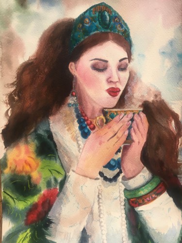 Painting titled "Russian tea" by Marina Babintseva, Original Artwork, Watercolor