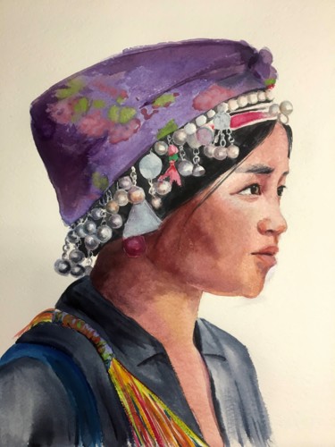 Painting titled "The girl in the nat…" by Marina Babintseva, Original Artwork, Watercolor