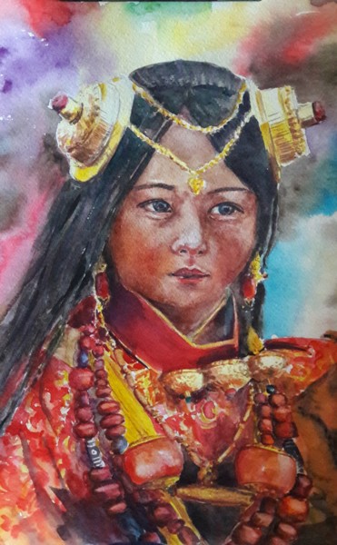 Картина под названием "Tibetan bride" - Marina Babintseva, Подлинное произведение искусства, Акварель