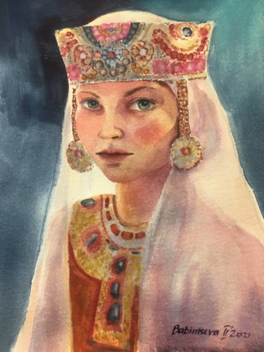 Painting titled "girl in Russian wed…" by Marina Babintseva, Original Artwork, Watercolor