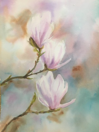 Pittura intitolato "Blooming magnolia b…" da Marina Babintseva, Opera d'arte originale, Acquarello