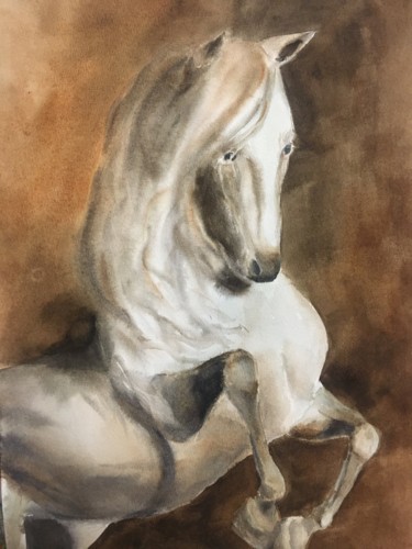 Painting titled "White horse" by Marina Babintseva, Original Artwork, Watercolor