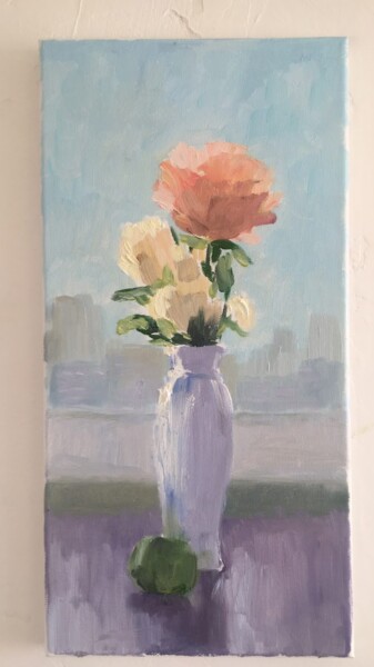 Painting titled "Roses on the window" by Marina Babintseva, Original Artwork, Oil