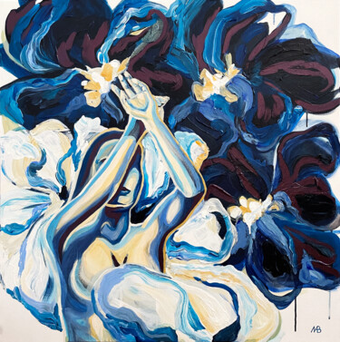 Malarstwo zatytułowany „Eva in flowers” autorstwa Marina Beresneva, Oryginalna praca, Akryl Zamontowany na Drewniana rama no…