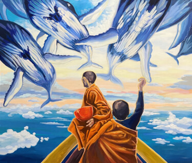 Pintura titulada "Meeting with whales" por Marina Beresneva, Obra de arte original, Acrílico Montado en Bastidor de camilla…