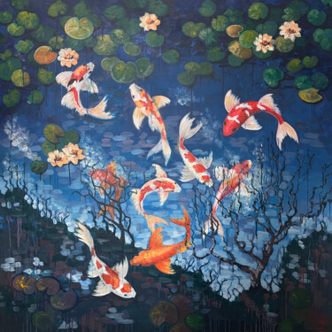 The sky in water lilies Peinture intitulée "The sky in water li…" par Marina Beresneva, Œuvre d'art originale, Acrylique Monté sur Châssis