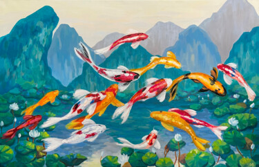 Painting titled "Koi carp rejoice at…" by Marina Beresneva, Original Artwork, Acrylic Mounted on Wood Stretcher frame