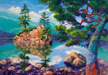 Painting titled "Three pine trees by…" by Marina Beresneva, Original Artwork, Acrylic Mounted on Wood Stretcher frame