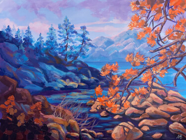 Картина под названием "Evening lake in the…" - Marina Beresneva, Подлинное произведение искусства, Акрил Установлен на Дерев…