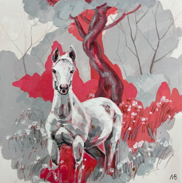 Painting titled "A white horse in a…" by Marina Beresneva, Original Artwork, Acrylic Mounted on Wood Stretcher frame