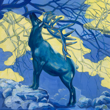 Painting titled "Turquoise Deer" by Marina Beresneva, Original Artwork, Acrylic Mounted on Wood Stretcher frame