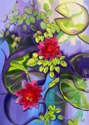 Painting titled "Lotuses" by Marina Beresneva, Original Artwork, Acrylic Mounted on Wood Stretcher frame