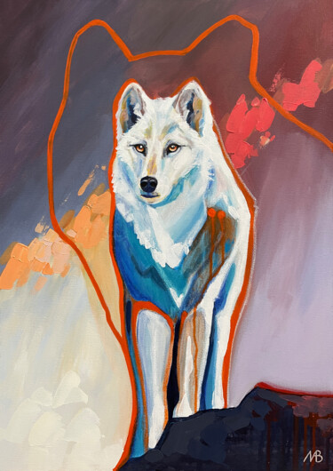 Painting titled "The White Wolf" by Marina Beresneva, Original Artwork, Acrylic Mounted on Wood Stretcher frame