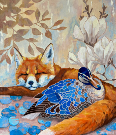 Painting titled "Dreams of a Duck" by Marina Beresneva, Original Artwork, Acrylic Mounted on Wood Stretcher frame
