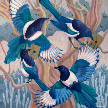 Painting titled "Magpie news" by Marina Beresneva, Original Artwork, Acrylic Mounted on Wood Stretcher frame
