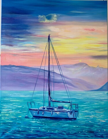 Painting titled "Lac Leman en couleu…" by Marina Braniste, Original Artwork, Oil Mounted on Wood Stretcher frame