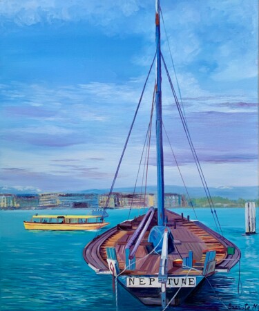 Painting titled "Le bateau préféré d…" by Marina Braniste, Original Artwork, Oil Mounted on Wood Stretcher frame