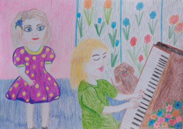 Zeichnungen mit dem Titel "Music Friends" von Marina Danko, Original-Kunstwerk, Conté-Buntstifte