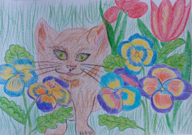 Рисунок под названием "Curious cat" - Marina Danko, Подлинное произведение искусства, Цветные карандаши