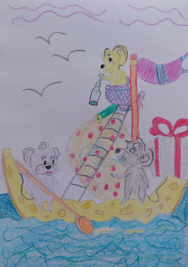 Рисунок под названием "Mice on a walk" - Marina Danko, Подлинное произведение искусства, Цветные карандаши